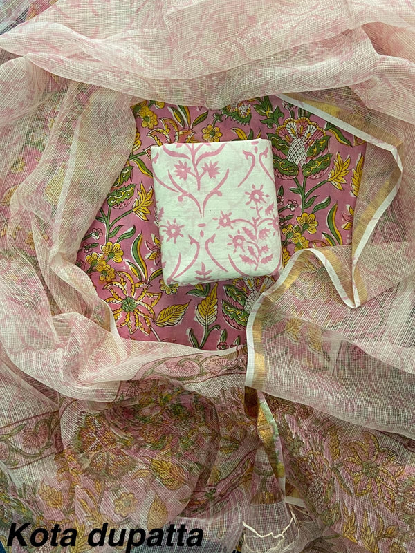 Pure Cotton Hand block print Unstitched Suit with Kota Dupatta .