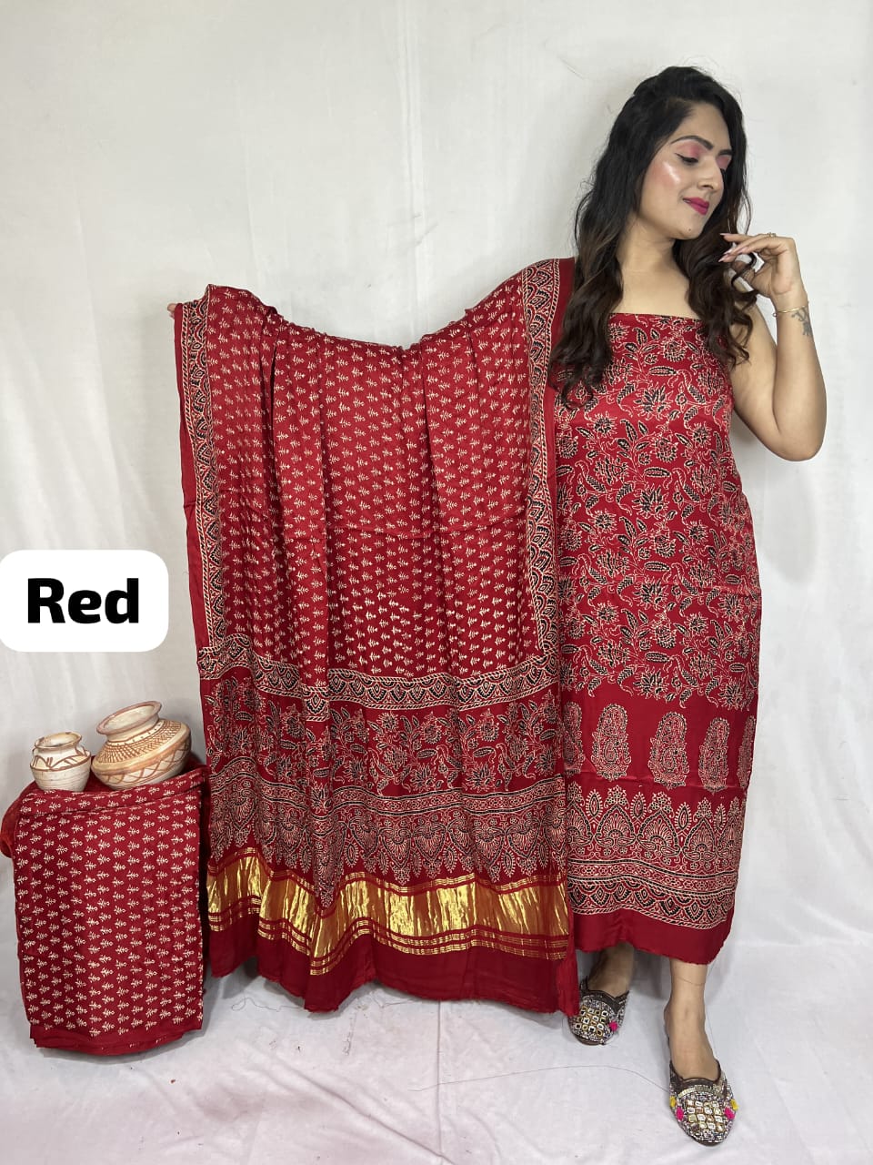 Pure Modal Silk Ajrakh Hend Block Zari Pallu Weaved 3pc Unstitched Suit .