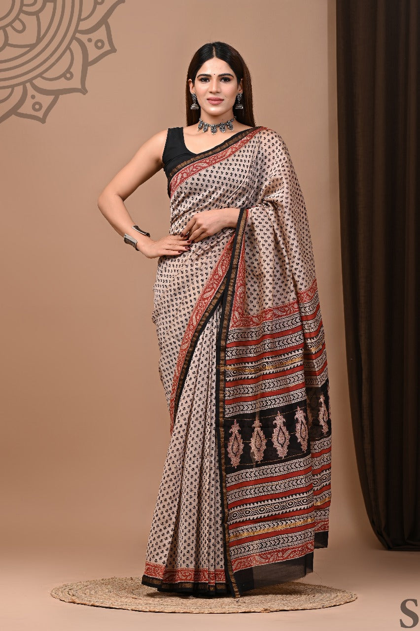 Hand Block Print Pure Chanderi Saree With Blouse