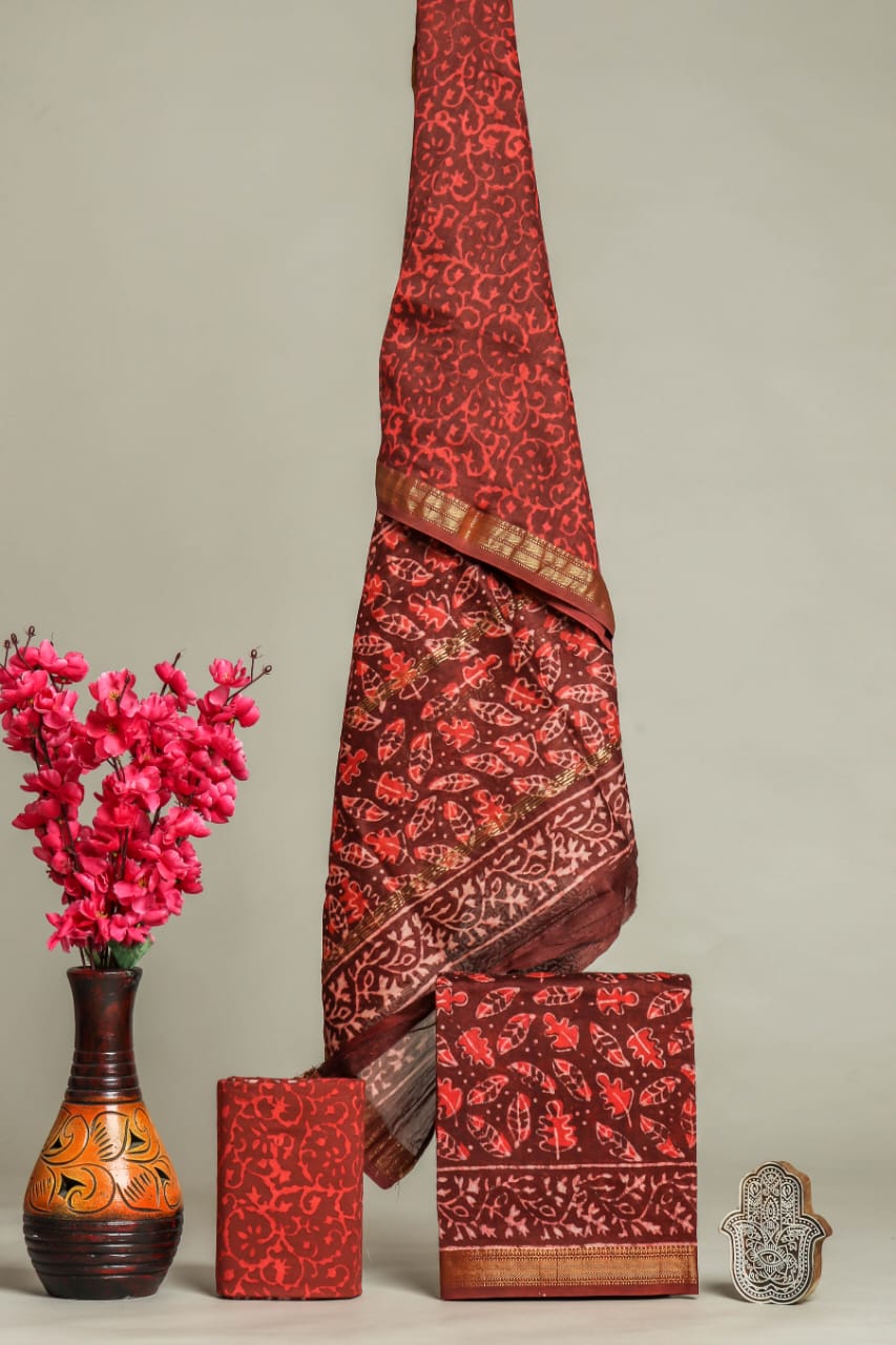 Pure Maheshwari Silk Hand block print Unstitched Suit.