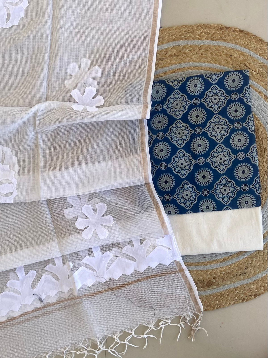 Azrakh Printed Top With Kota Doriya With Hand  Applique Work Dupatta