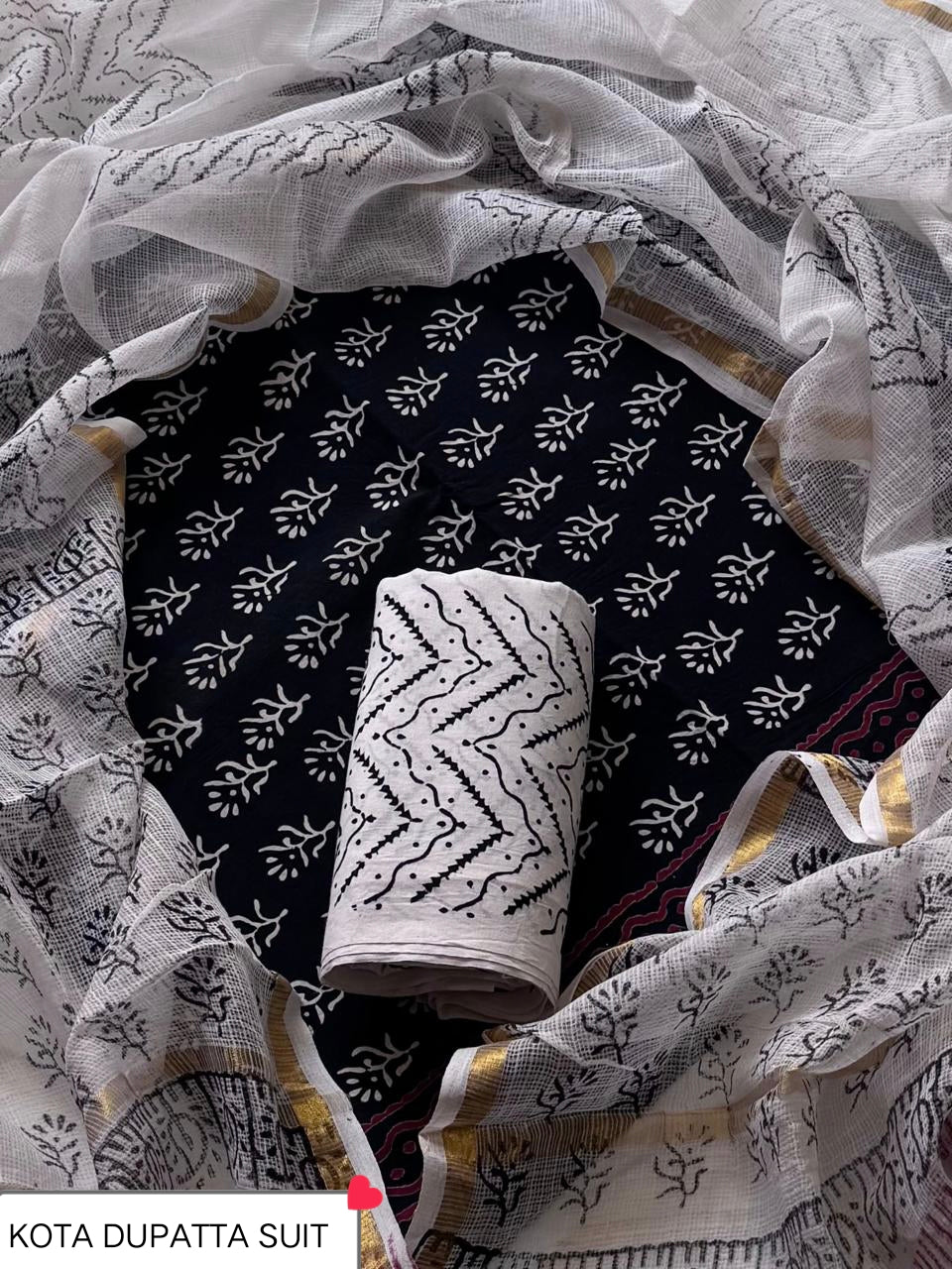 Pure Cotton Hand block print Unstitched Suit with Kota Dupatta