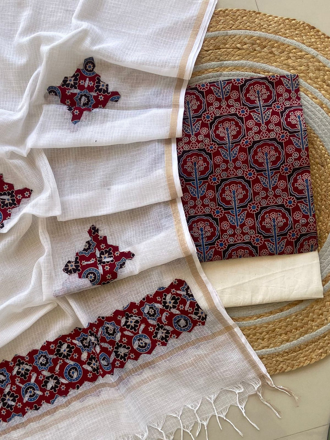 Azrakh Printed Top With Kota Doriya With Hand  Applique Work Dupatta