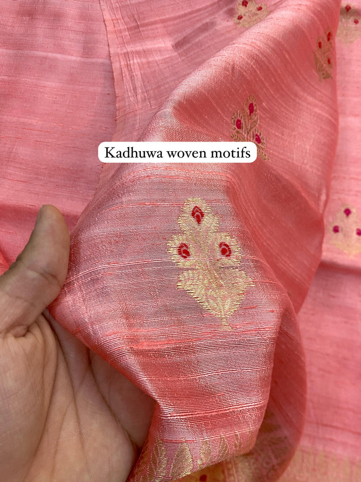 Pure Banarasi Raw Dupion Silk Kadhuwa Work Unstitched Suit With Rankart Kadhuwa Dupatta.