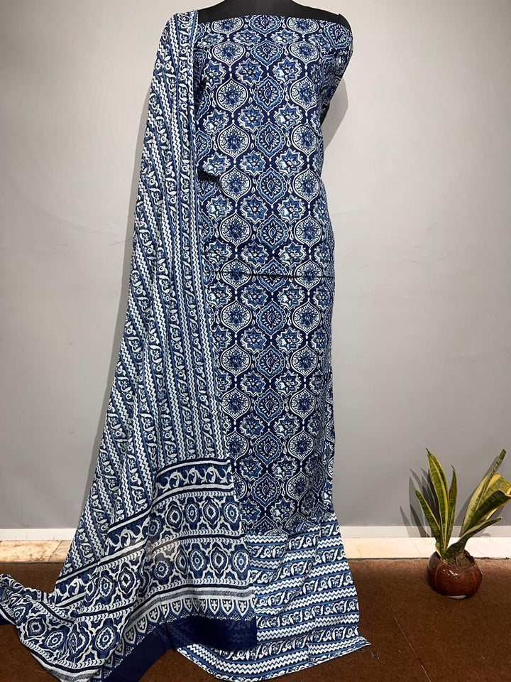 Pure Cotton Hand Block Print Unstitched Suit With Cotton Dupatta
