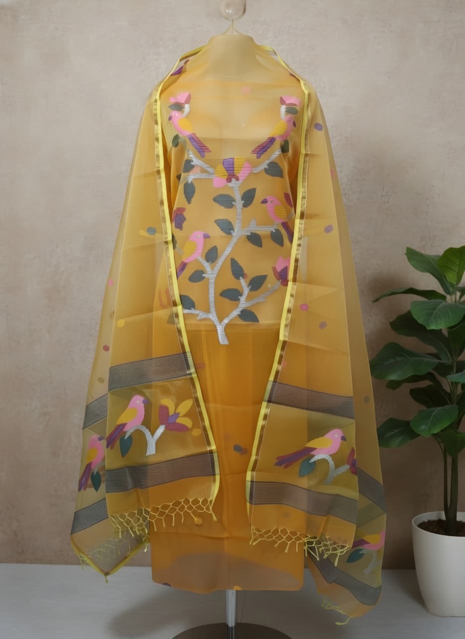 Pure Maslin Silk 2PC Jamdani Unstitched Suit .