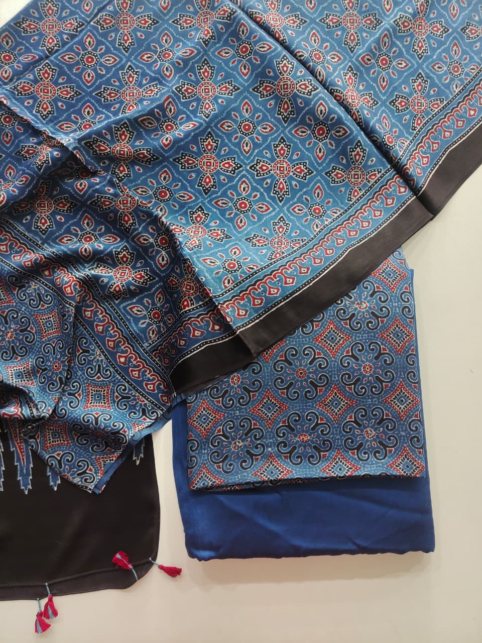 Pure Modal Silk Ajrakh Hand Block  3pc Unstitched Suit