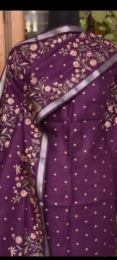 Bhagalpuri Cotton Linen Embroidery Work Unstitched With Dupatta .