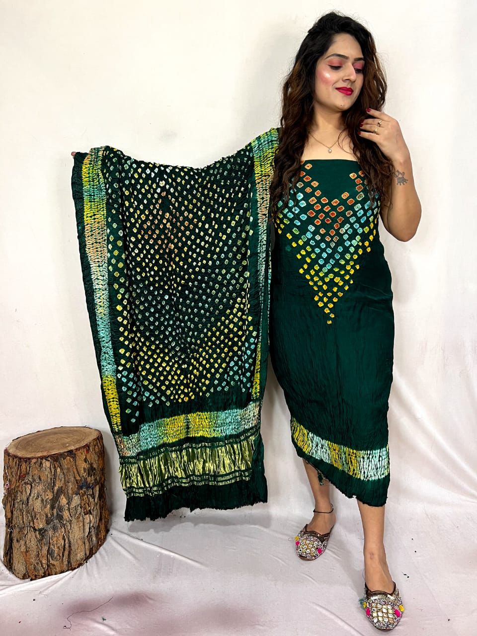 Pure Modal Silk Bhandhej Print 2Pc unstitched Suit.