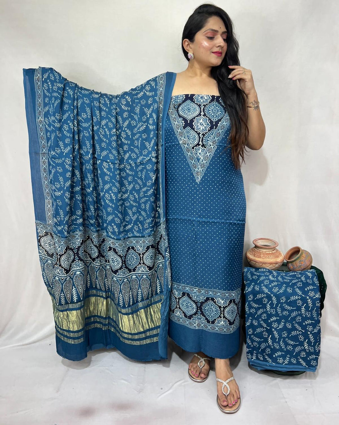 Pure Modal Silk Ajrakh Hand Block Zari Pallu Weaved 3pc Unstitched Suit