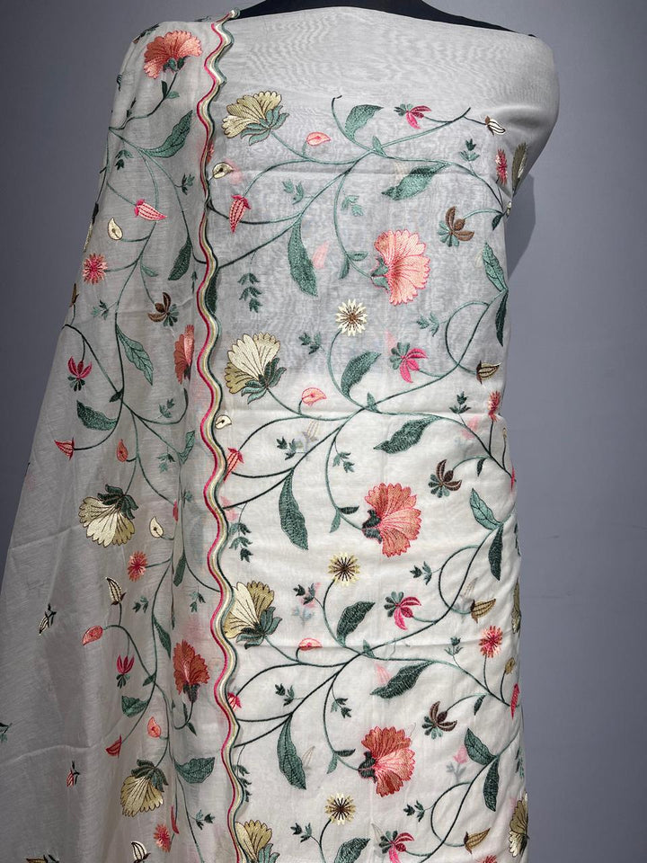 Pure Banarasi Mul Cotton Silk Embroidery Unstitched suit.
