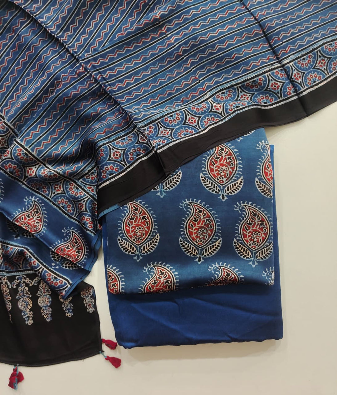 Pure Modal Silk Ajrakh Hand Block  3pc Unstitched Suit