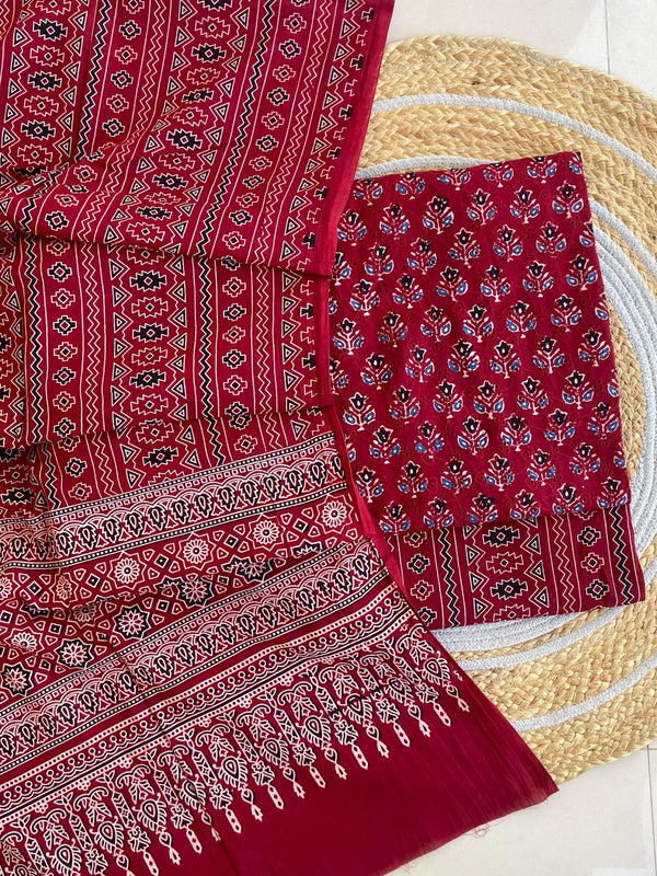 Pure Cotton Azrakh Print Unstitched Suit With  Mul cotton Duppatta