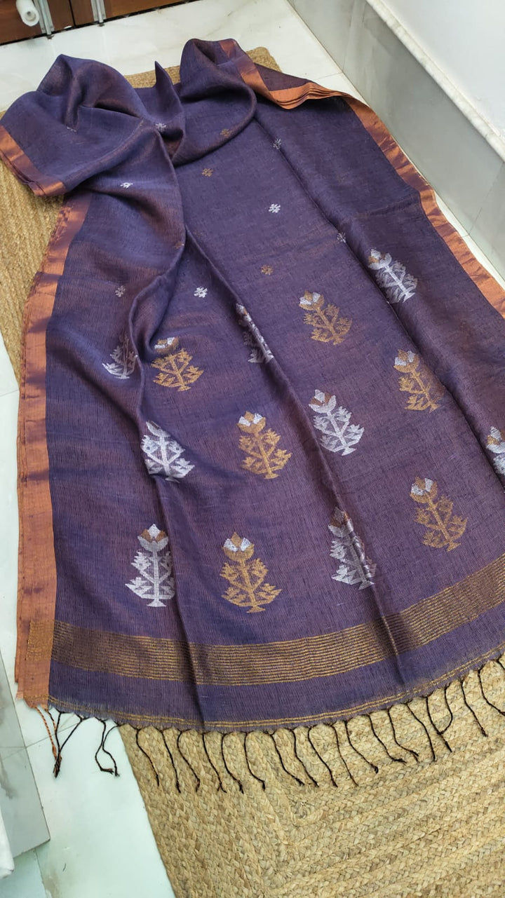 Pure Linen Tissue jamdani Saree With Blouse.