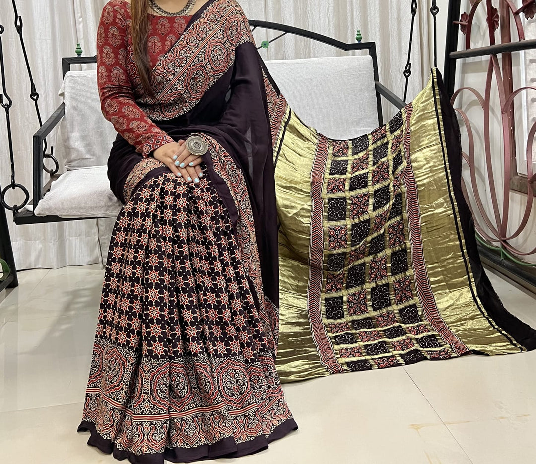 Pure Modal SilK HandBlock Print Saree With Blouse.