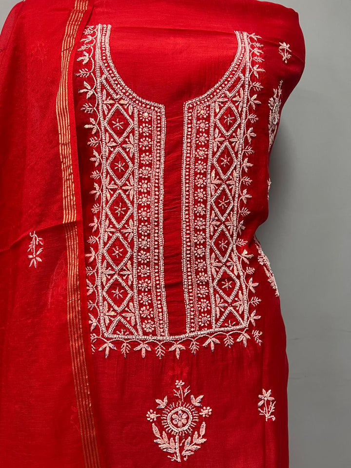 Pure Chanderi Silk Chikankari Hand Work Unstitched Suit