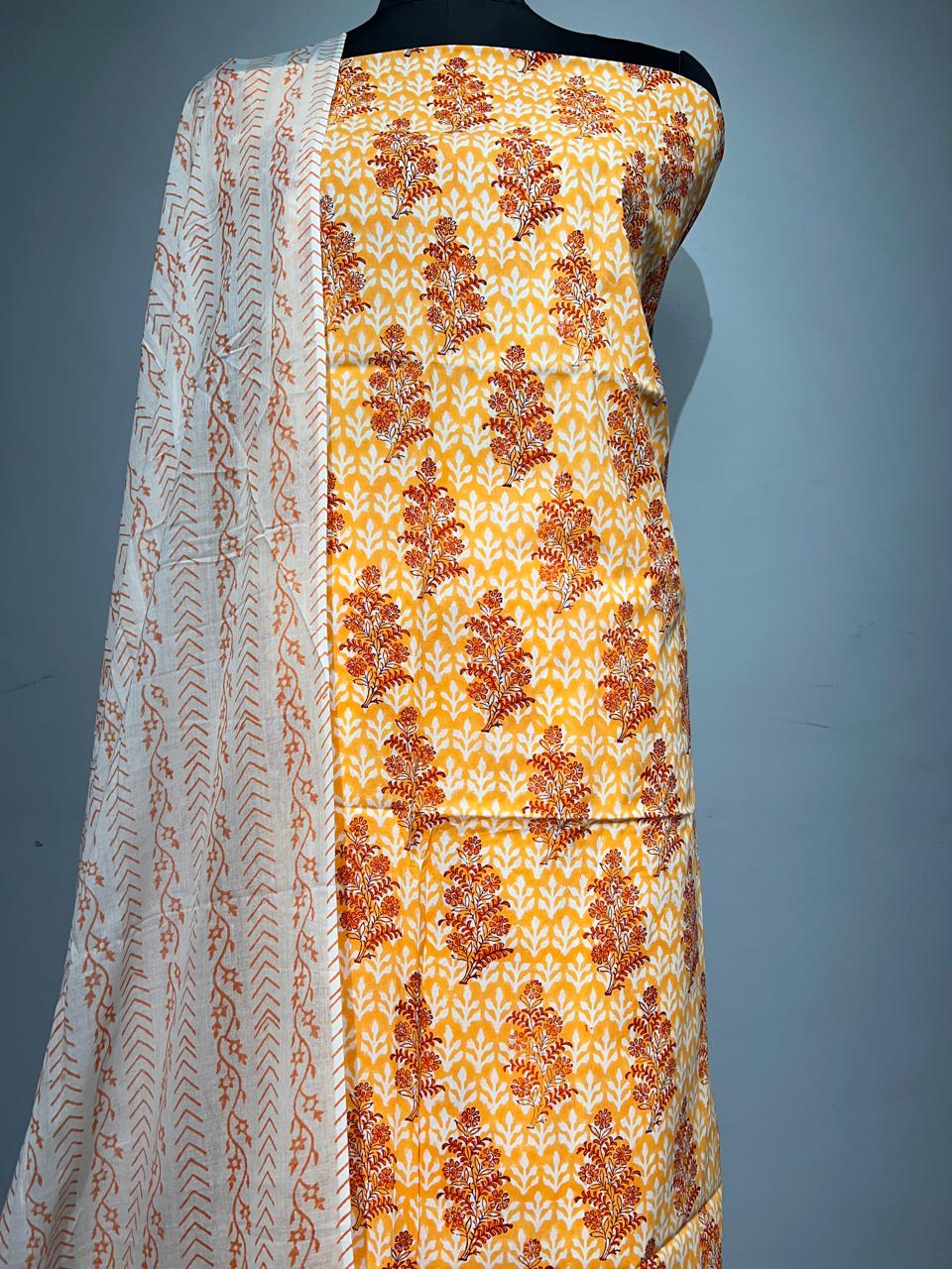 Pure Cotton Hand Block Print Unstitched Suit With Cotton Dupatta
