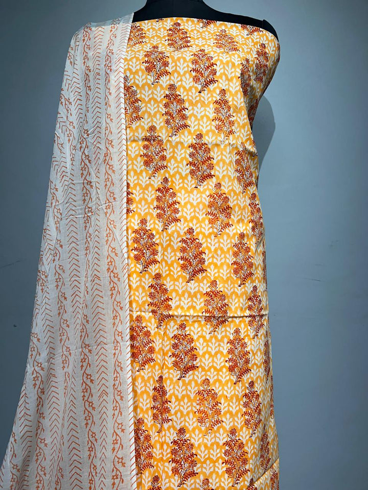 Pure Cotton Hand Block Print Unstitched Suit With Cotton Dupatta