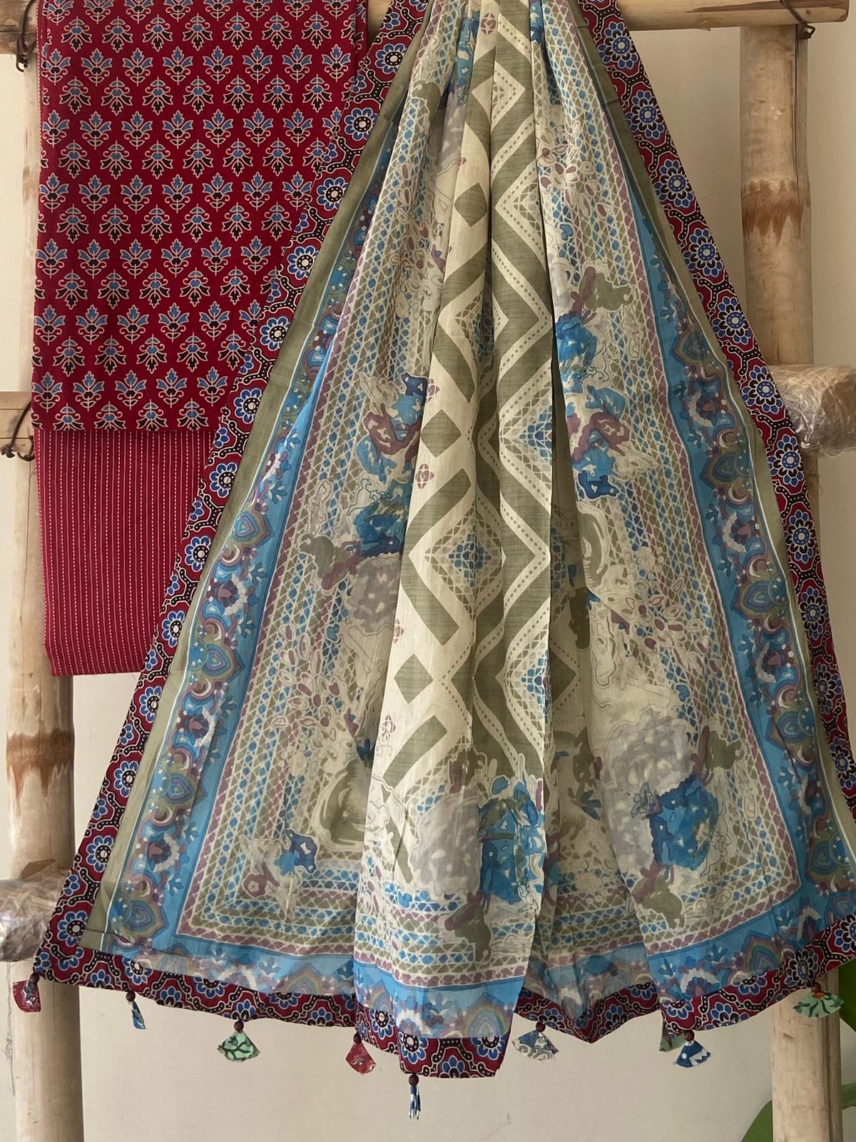 Pure Cotton Azrakh Print Unstitched suit With Cotton Printed Dupatta ...