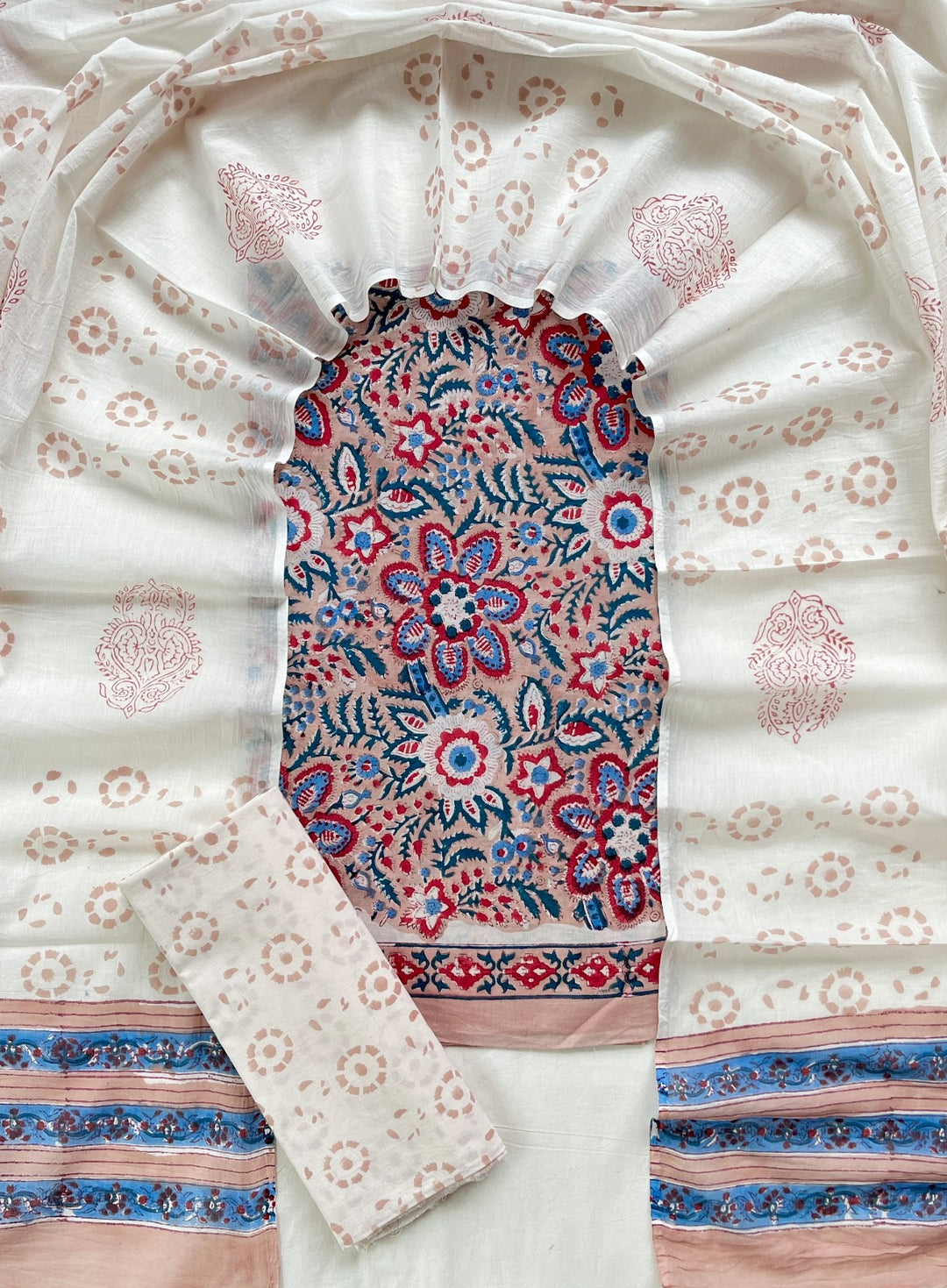 Pure Cotton Hand Block Print Unstitched Suit With Cotton Dupatta