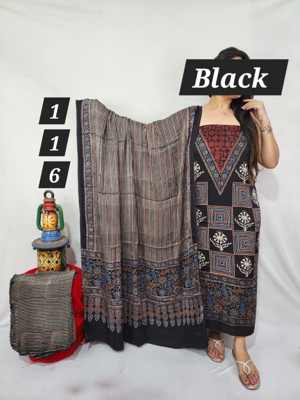 Pure modal silk ajrakh natural 3pc Unstitched  suit