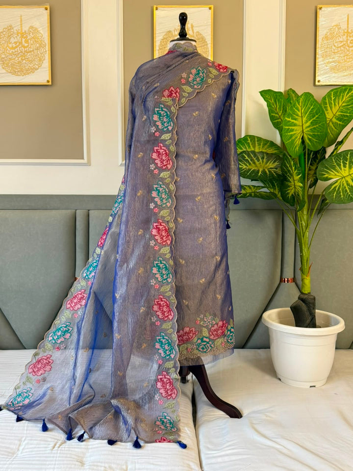 Exclusive Banarasi Tissue Crush Multi Thread Embroidery Suit Set With Dupatta