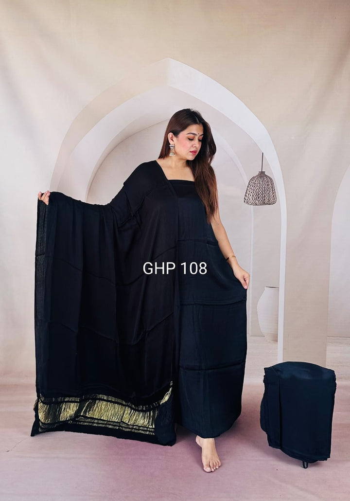 Pure Modal Silk Unstitched Suit with Lagdi Patta Dupatta in BLACK