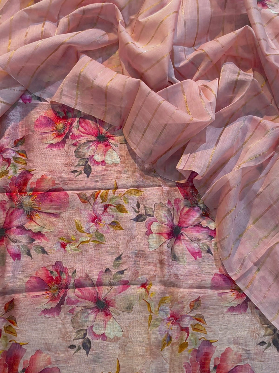 Pure Linen Silk Digital Printed Unstitched Suit  with Mulmul Silk Rupa Sona Striped Dupatta