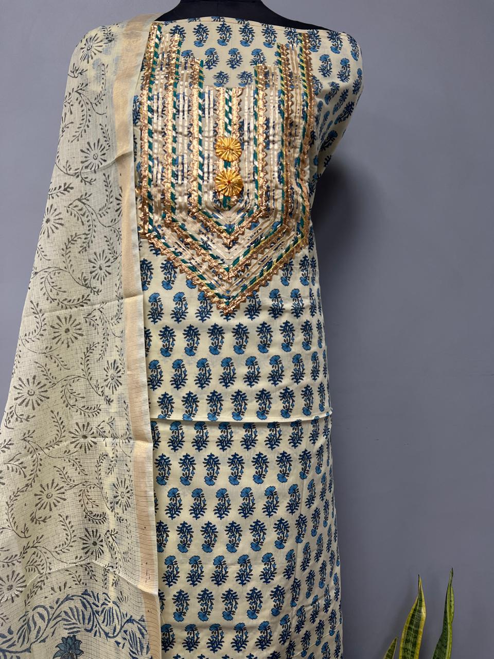 Pure Cotton Hand Block Gotta patti Work unstitched suit