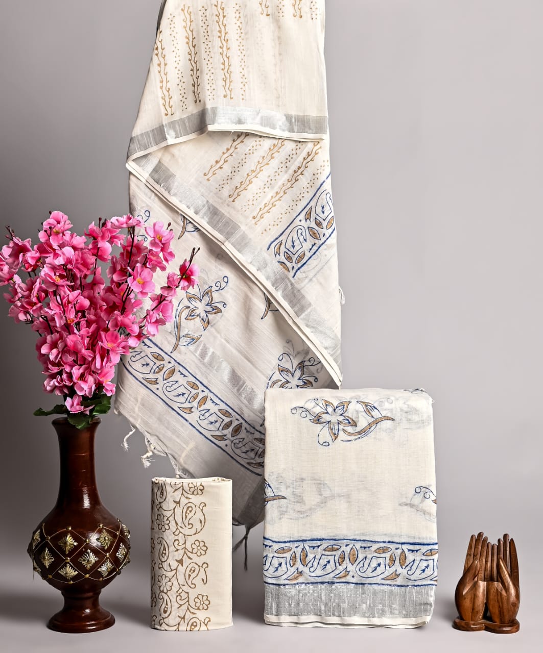 Hand Block Printed Linen Unstitched Suit .
