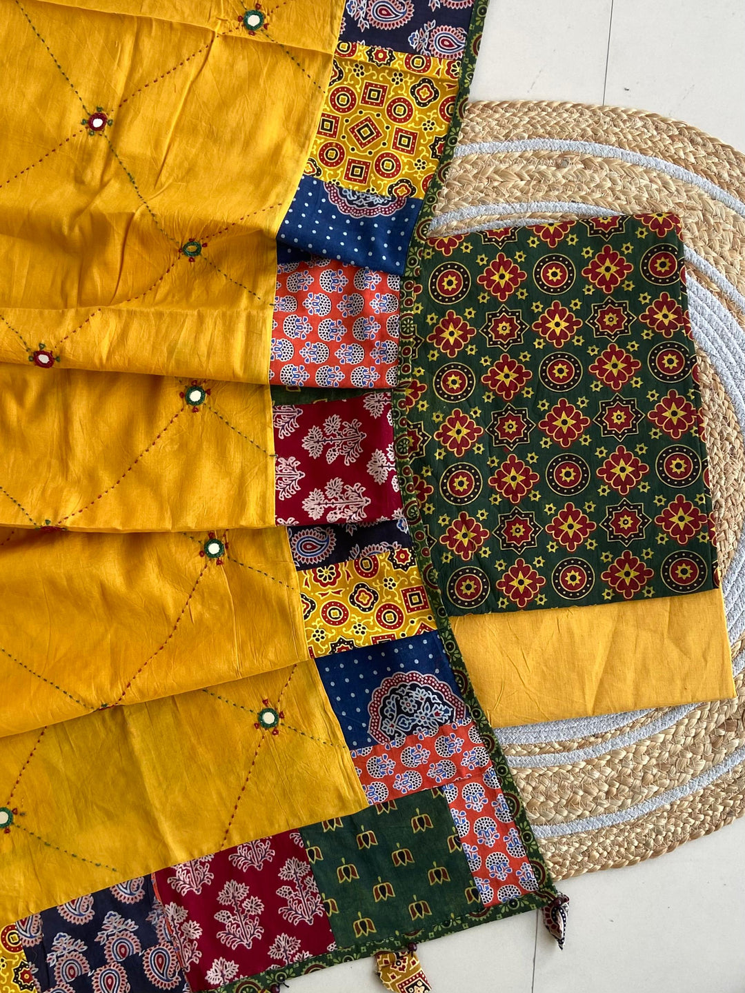 Pure Cotton Azrakh Print Unstitched Suit With Patch Work Dupatta