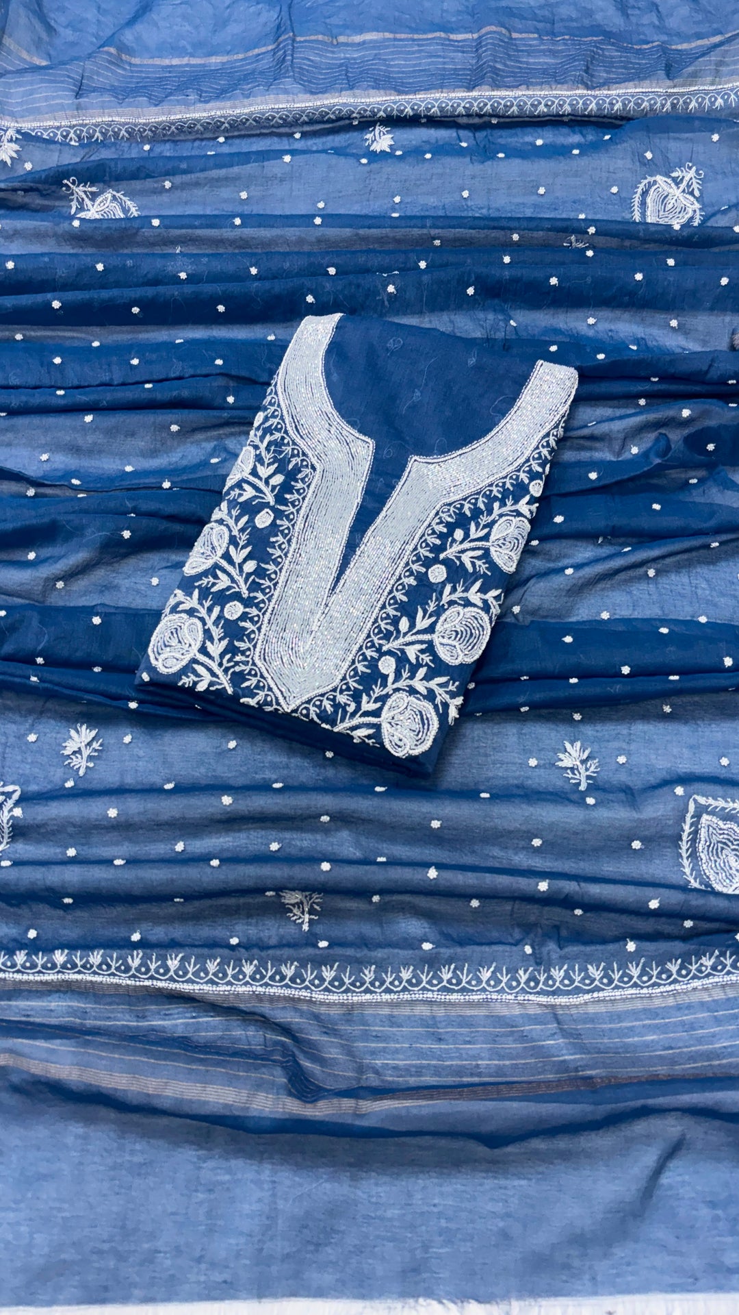 Pure Mul- Mul Chakiankari Work Unstitched Suit with Pearl and Cutdana work