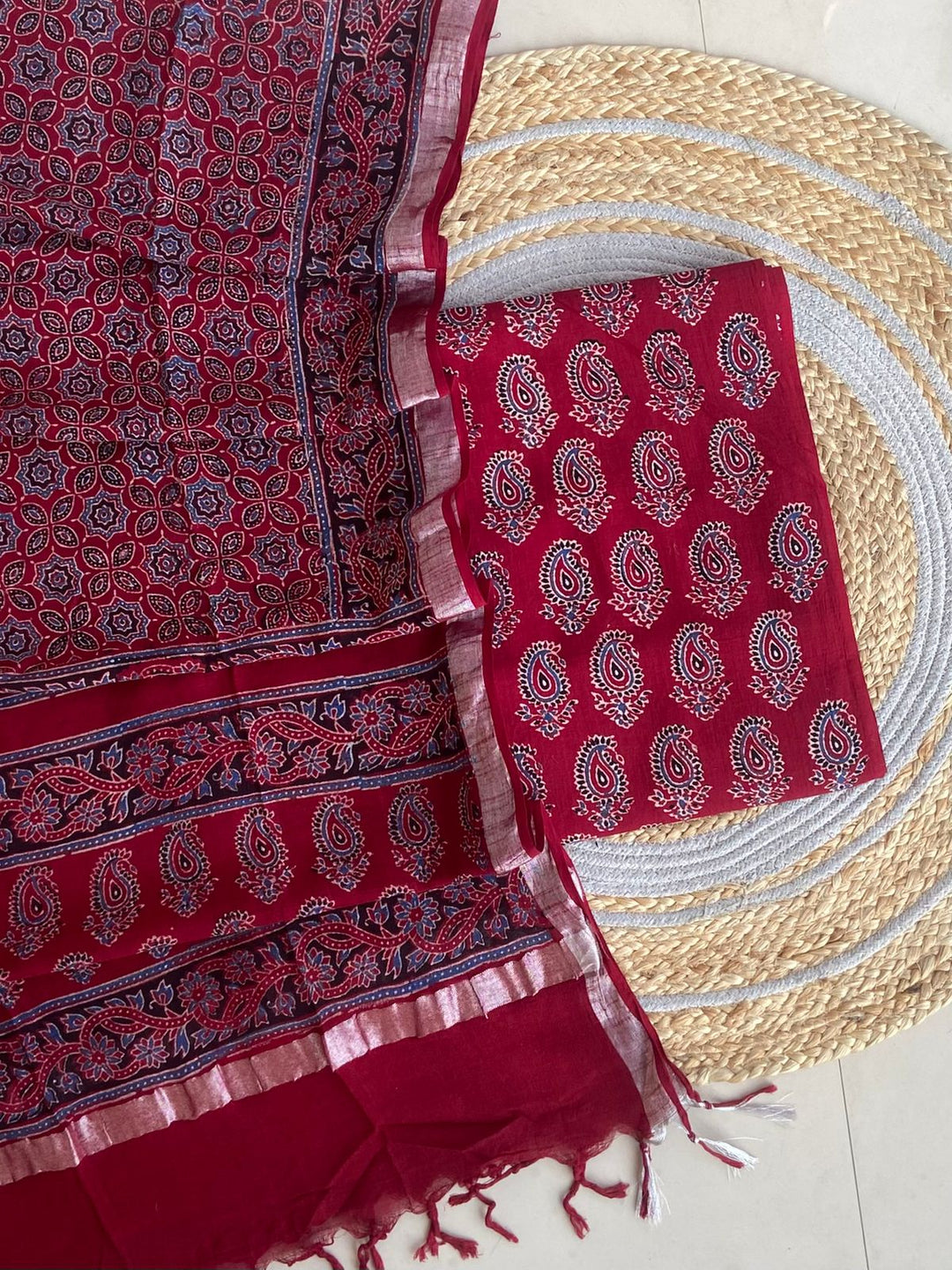 Exclusive Azrakh Hand block Pure Cotton Linen 2-Piece Unstitched Suit  With Dupatta