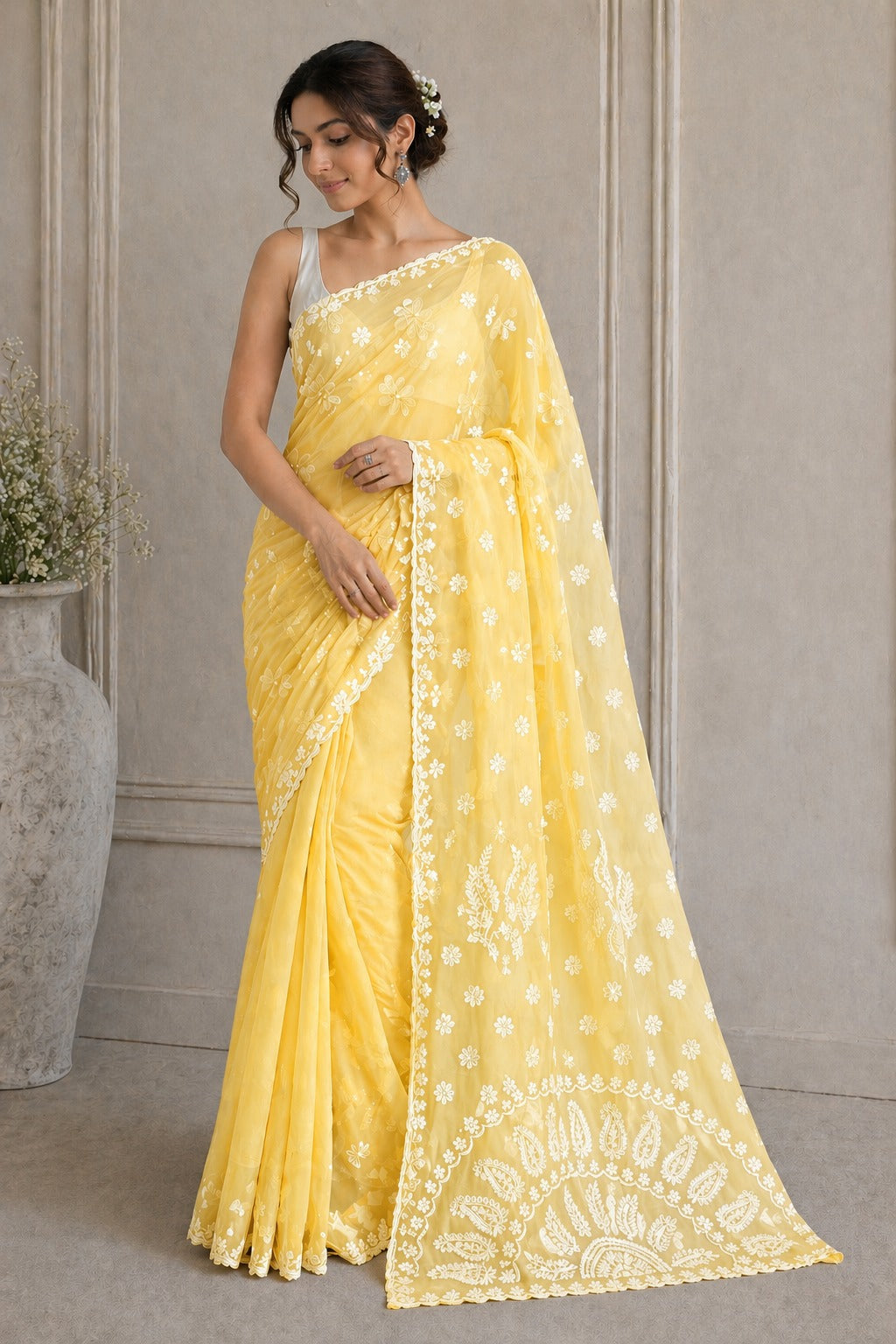 Pure Chiffon Chikankari Half Jaal Work Hand Embroidery Saree with Blouse