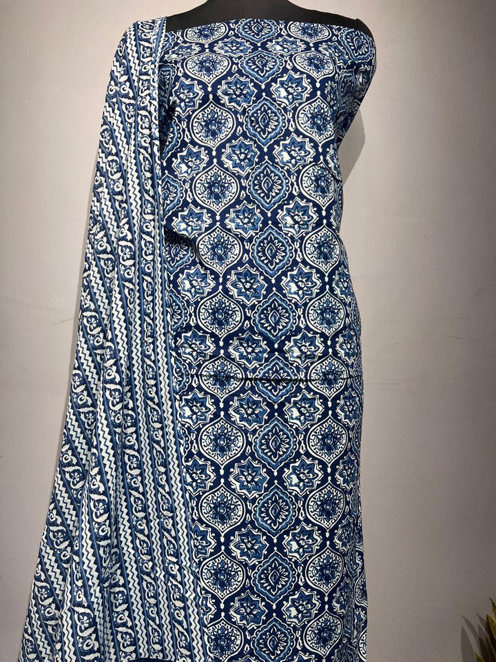 Pure Cotton Hand Block Print Unstitched Suit With Cotton Dupatta