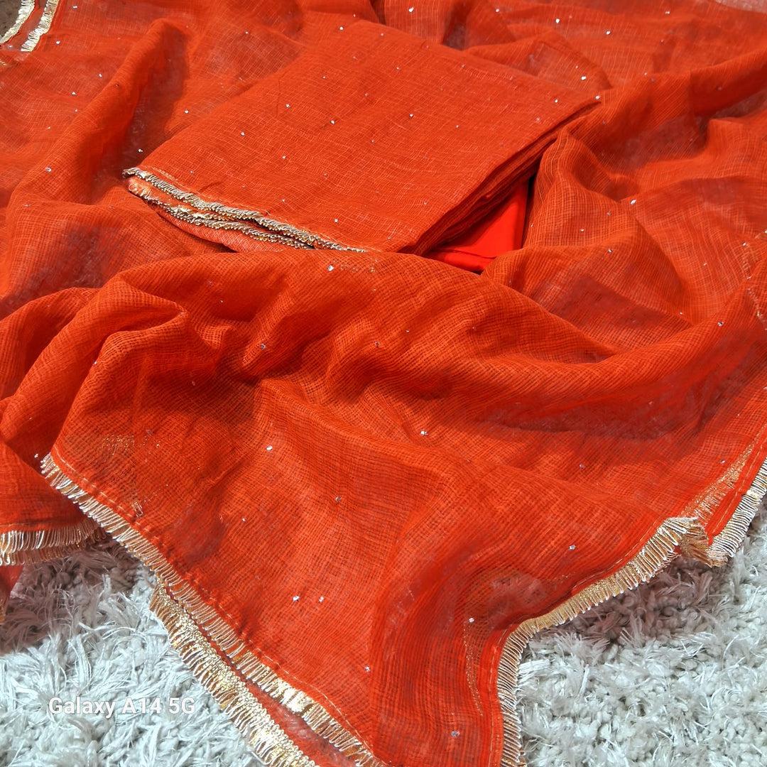 Pure Kota doria 3 pc Unstitched Suit with Mukaish work