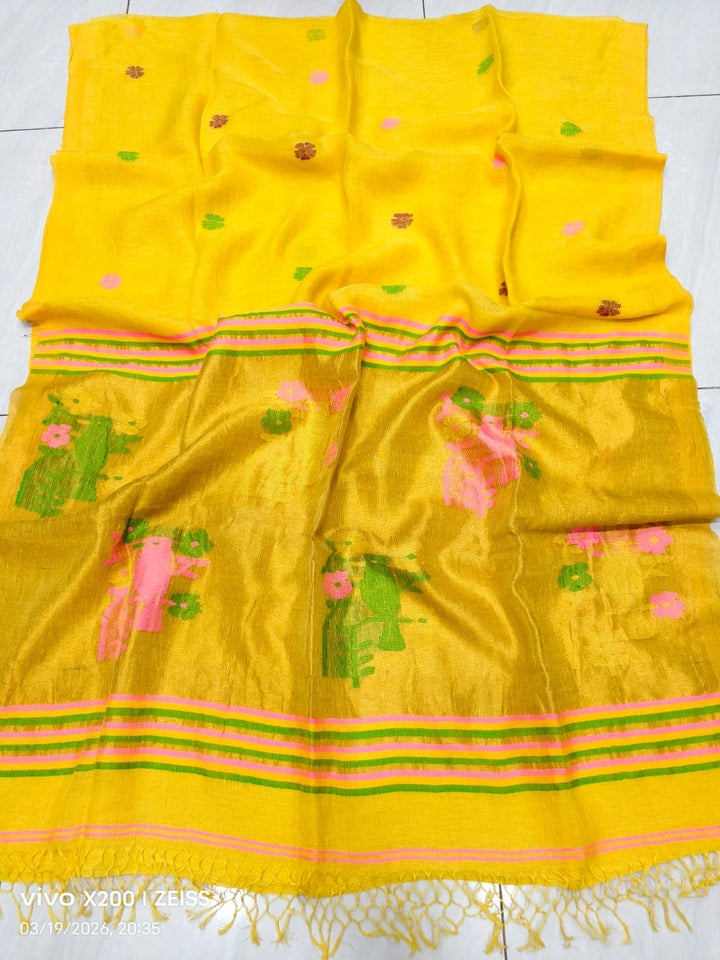 Pure Handloom Linen Jamdani Saree With Boluse.