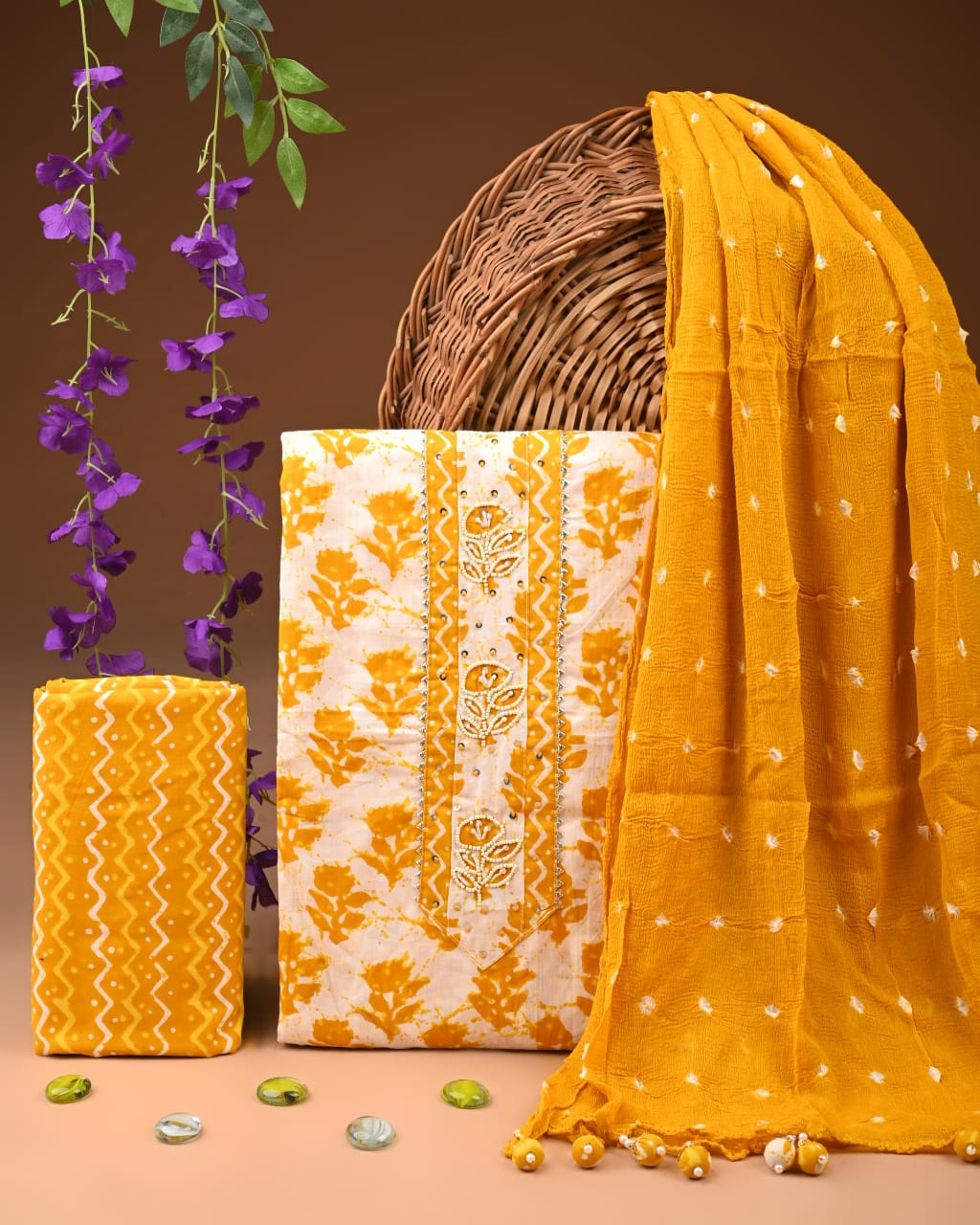 Pure Cotton Gotta patti Work unstitched Suit With Chiffon Dupatta.
