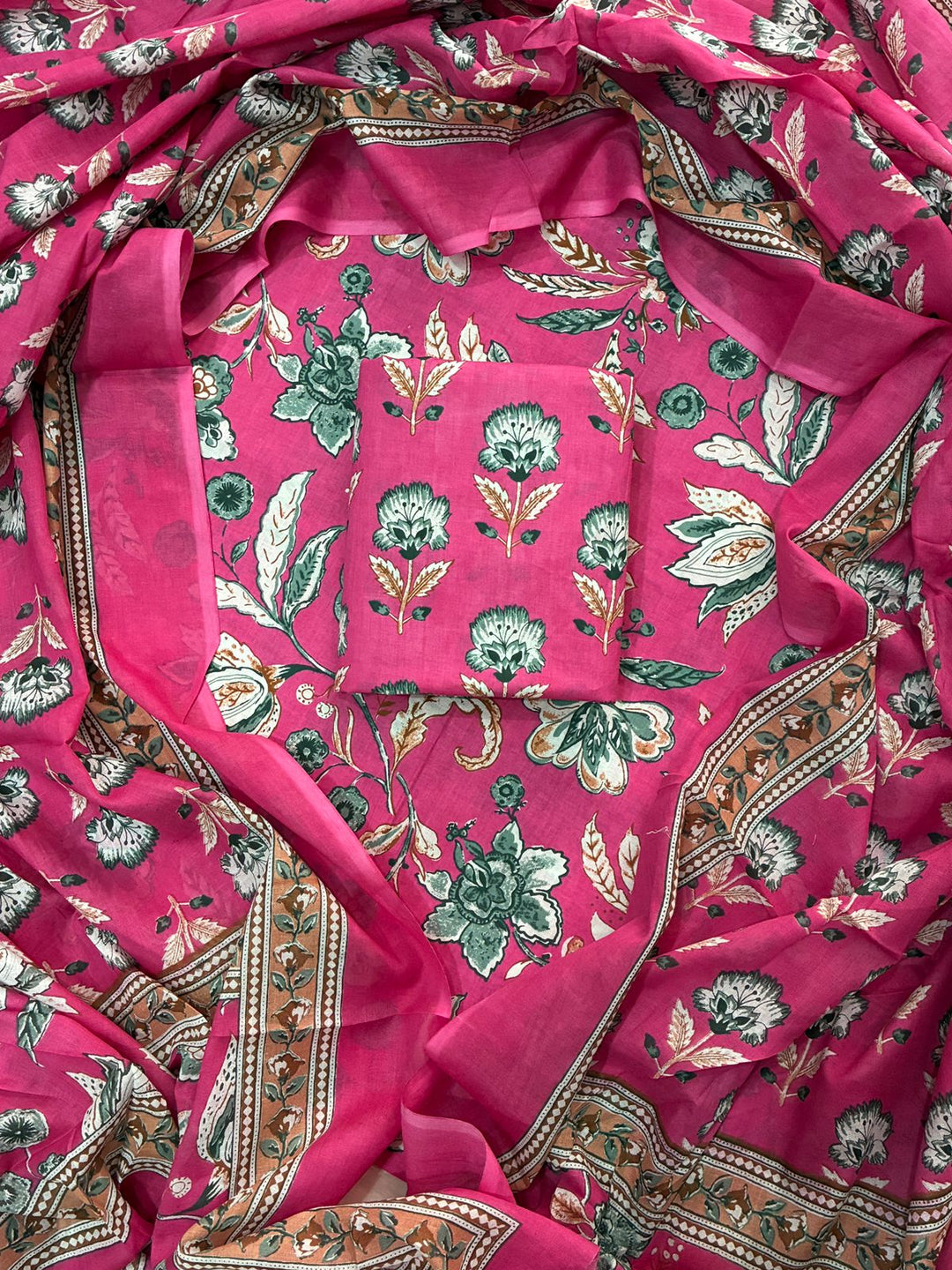 Pure Cotton Hand Block Print Unstitched Suit With Cotton Dupatta.