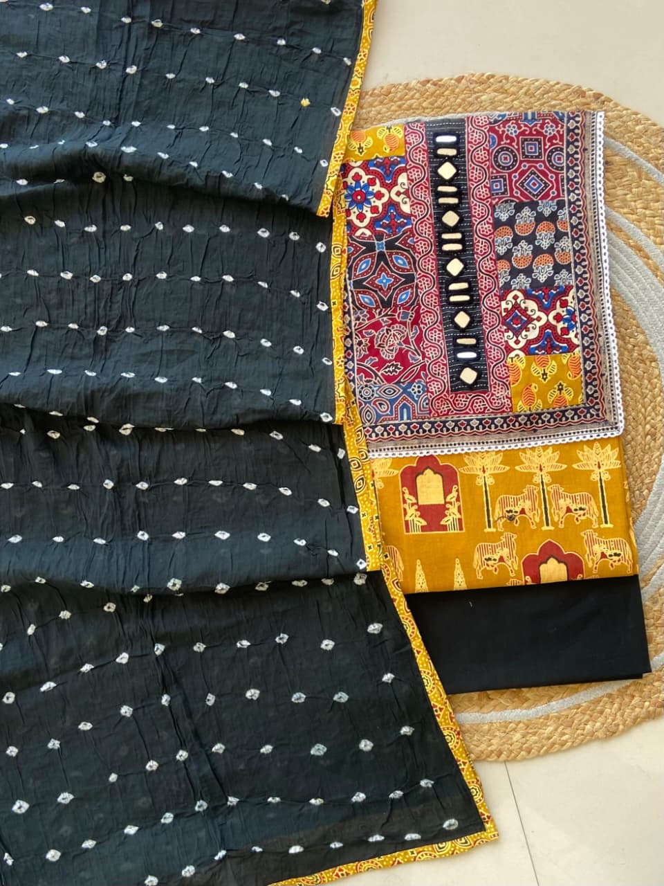 Pure Cotton Azrakh Print Unstitched Suit With Heavy Mirror Work
