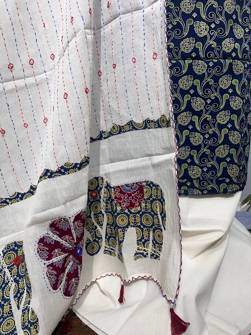 Pure Cotton Azrakh Print Unstitched suit With katha work Dupatta