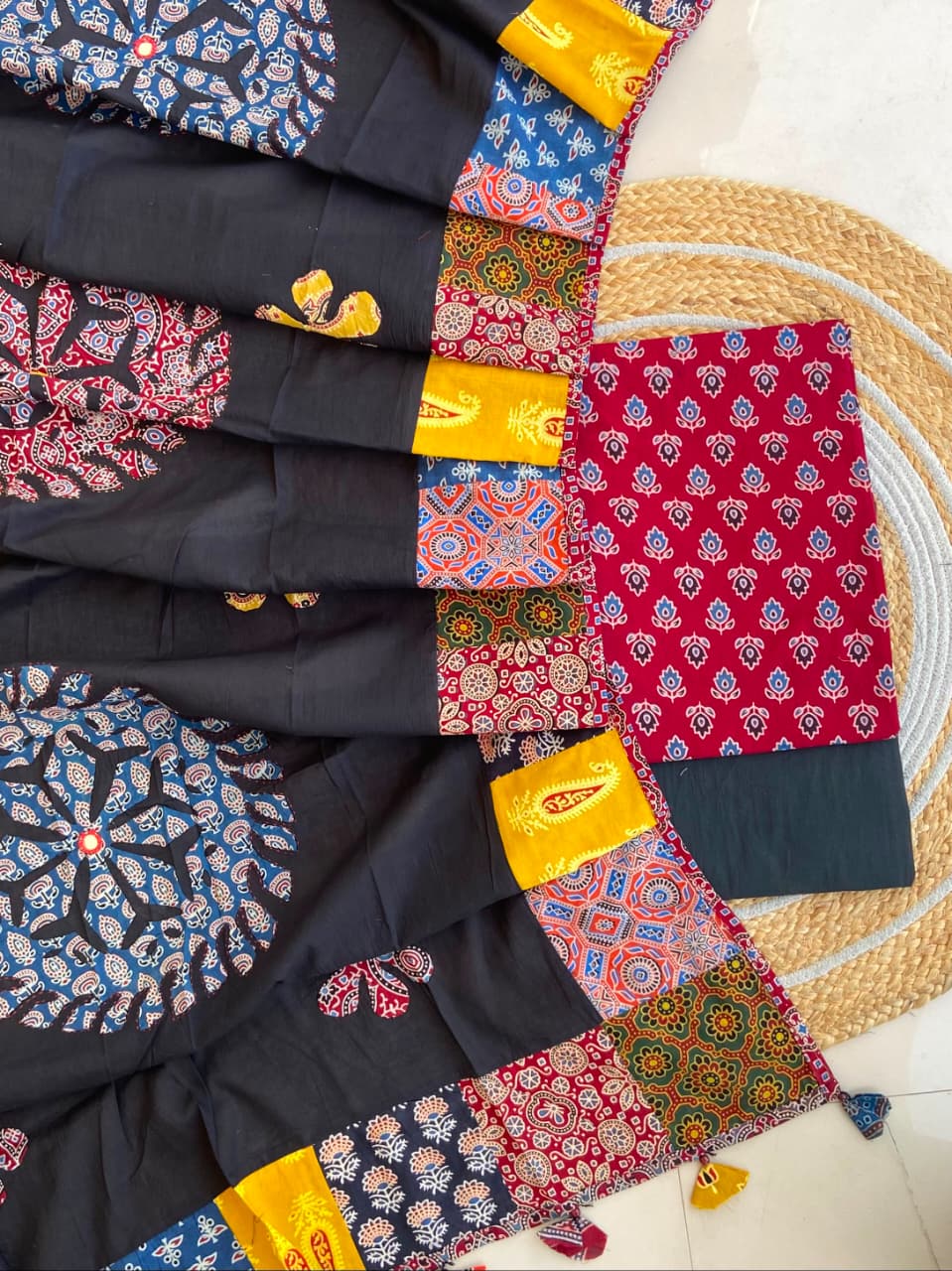 Pure Cotton Azrakh Print Unstitched Suit With Applique Work Dupatta