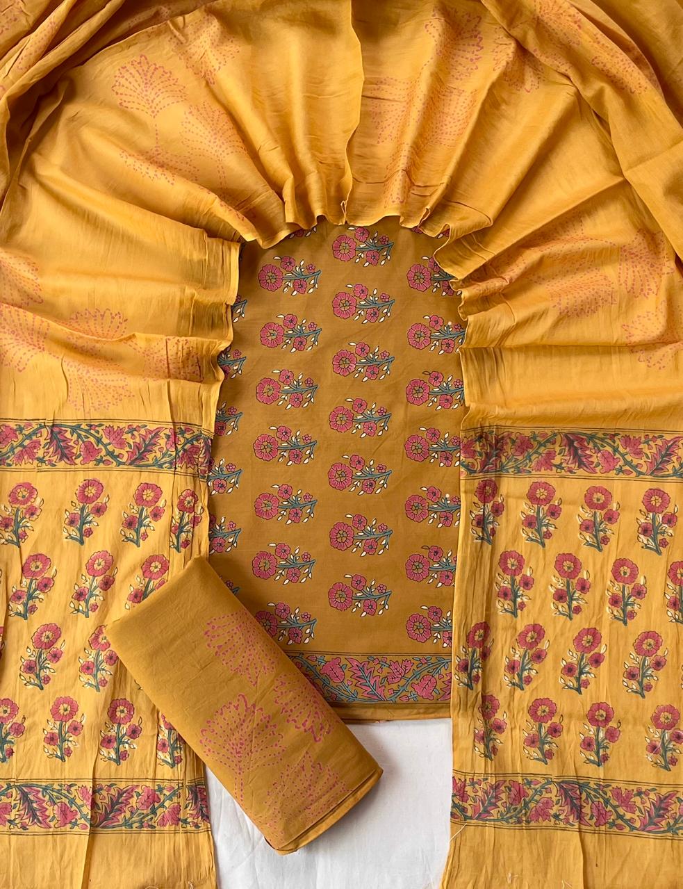 Pure Cotton Hand Block Print Unstitched Suit With Cotton Dupatta