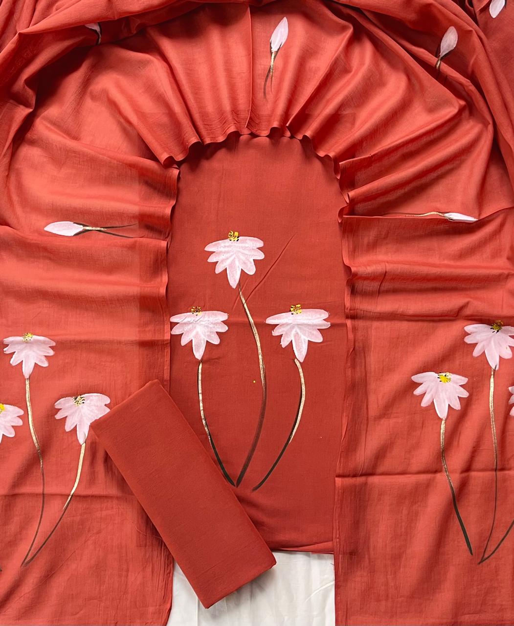 Pure Cotton Hand Block Print Unstitched Suit With Cotton Dupatta