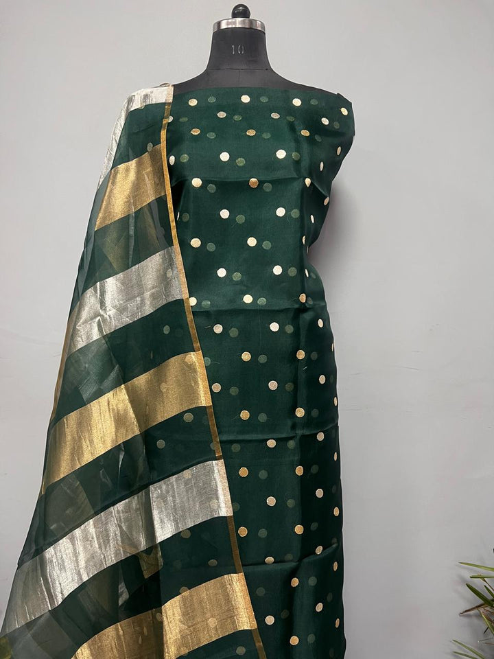 Exclusive Pure Banarasi Organza Unstitched Suit with Tissue Gold Silver Patta Dupatta