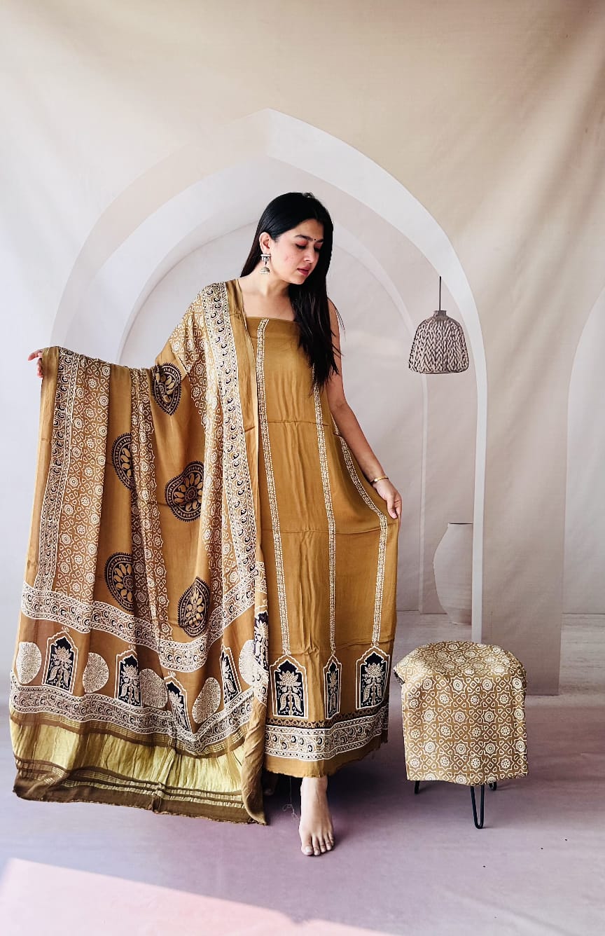 Pure Modal Silk Ajrakh Hand Block Zari Pallu Weaved 3pc Unstitched Suit