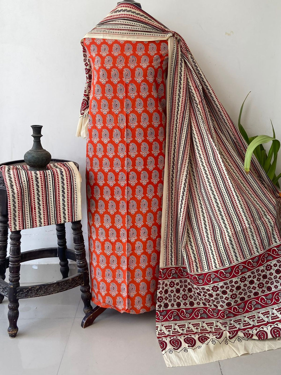 Pure Cotton Azrakh Print Unstitched Suit With  cotton Duppatta