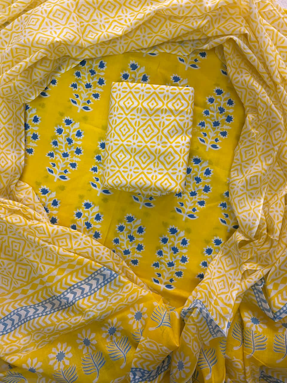 Pure Cotton Hand Block Print Unstitched Suit With Cotton  Dupatta .