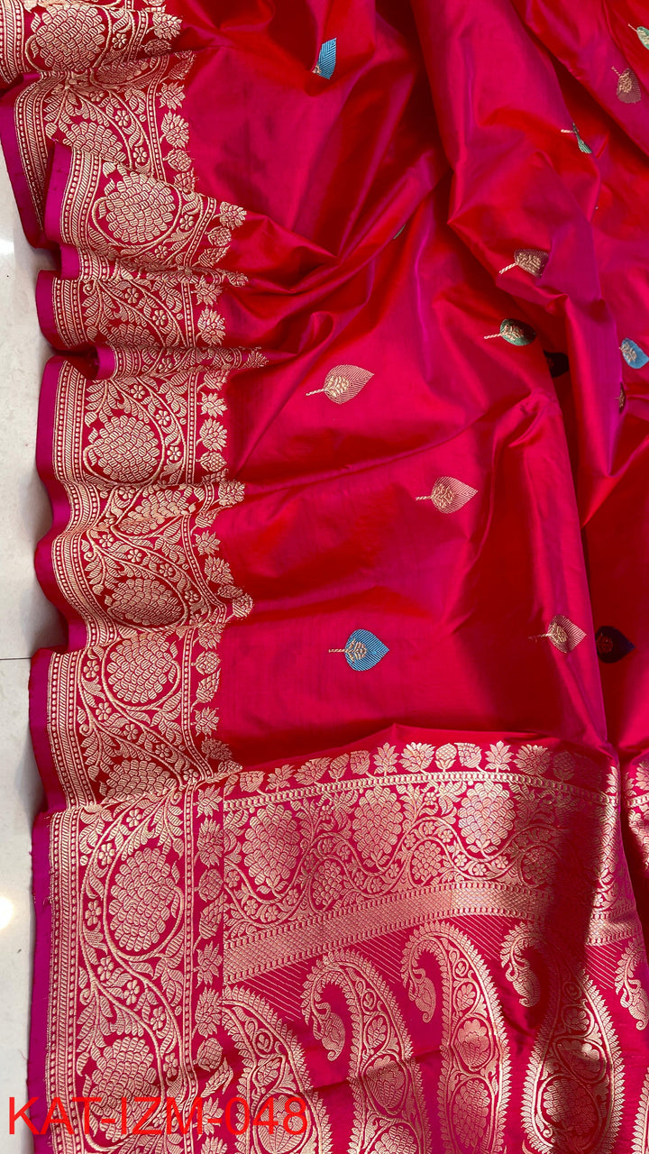 Pure Katan Silk Saree With Antique Zari Work Saree With Meena work.