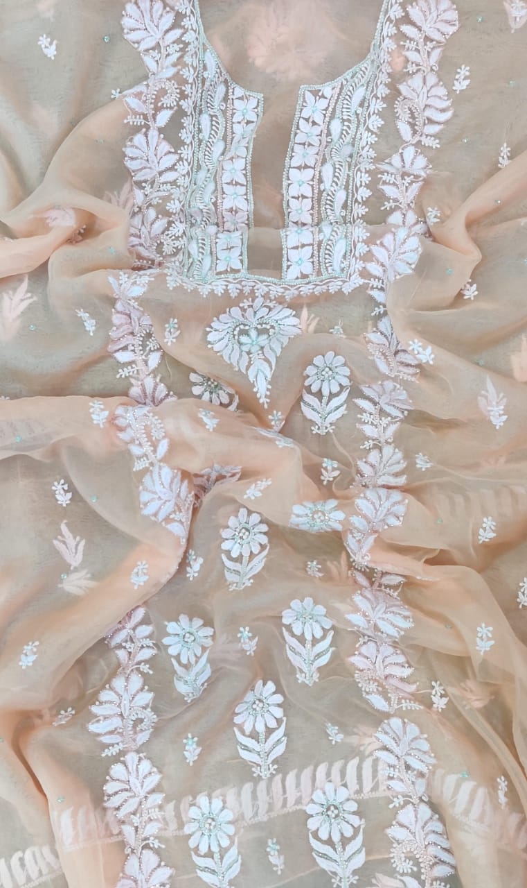 Pure Organza Silk Hand Chikankari Embroidery And Pearl Cut Dana Work Unstitched Suit.